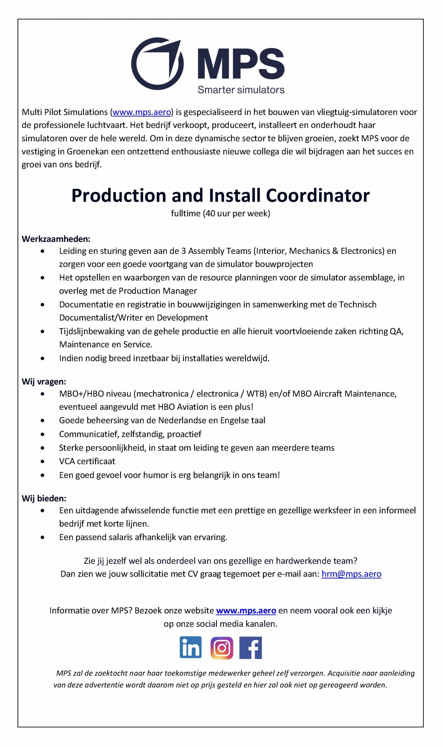 Vacature Production and Install Coordinator 2022